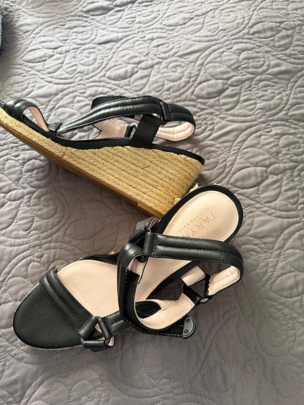 Taryn Rose Black Leather Espadrille Wedge Sandals